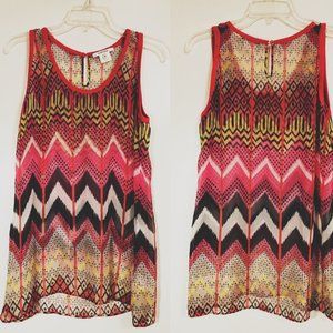 Vintage Carven Silk Chiffon Pink Print Knit Trim Long Sleeveless Top Oversized